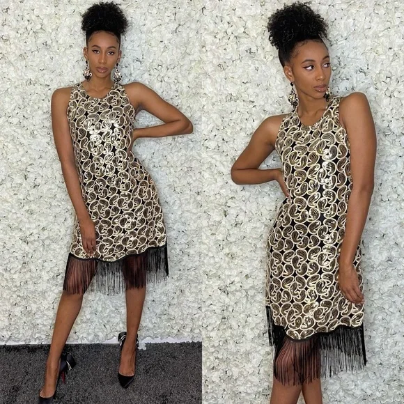slim fit dress slacks Beaded Short Fringe Dress by Rachel Allan 40610 Black Gold / 20 main image 1